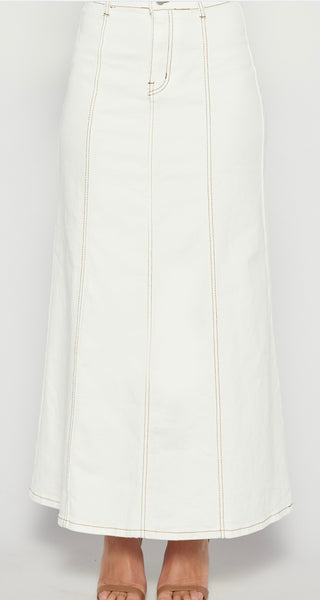 Maxi Denim Skirt with Panel Details-White