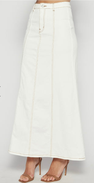Maxi Denim Skirt with Panel Details-White