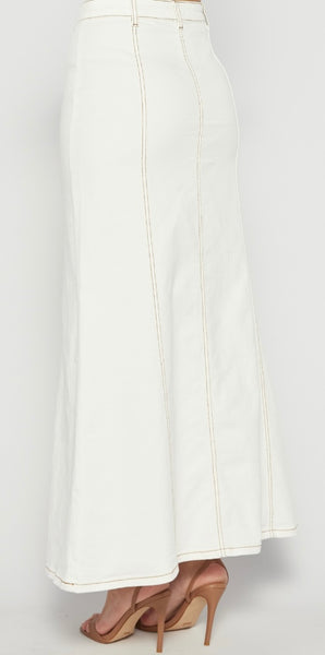 Maxi Denim Skirt with Panel Details-White
