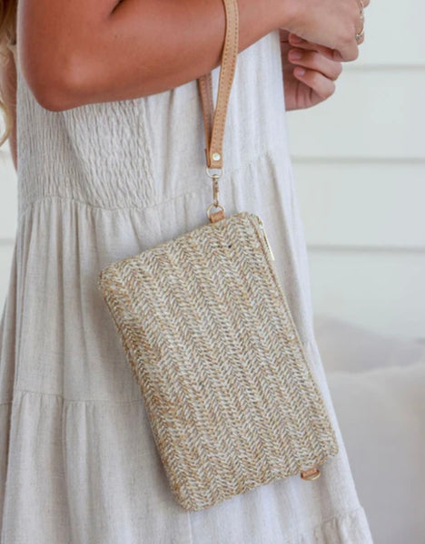 Woven Pouch Bag with Long Adjustable Strap & Wristlet