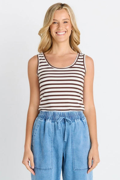 Emma Scoop Tank-White Chocolate Stripe