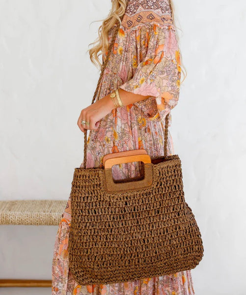 Timber Handle Square Woven Bag