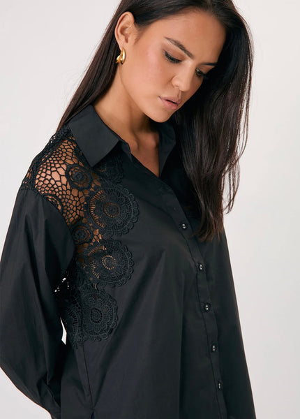 Flora Lace Panel Shirt-Black