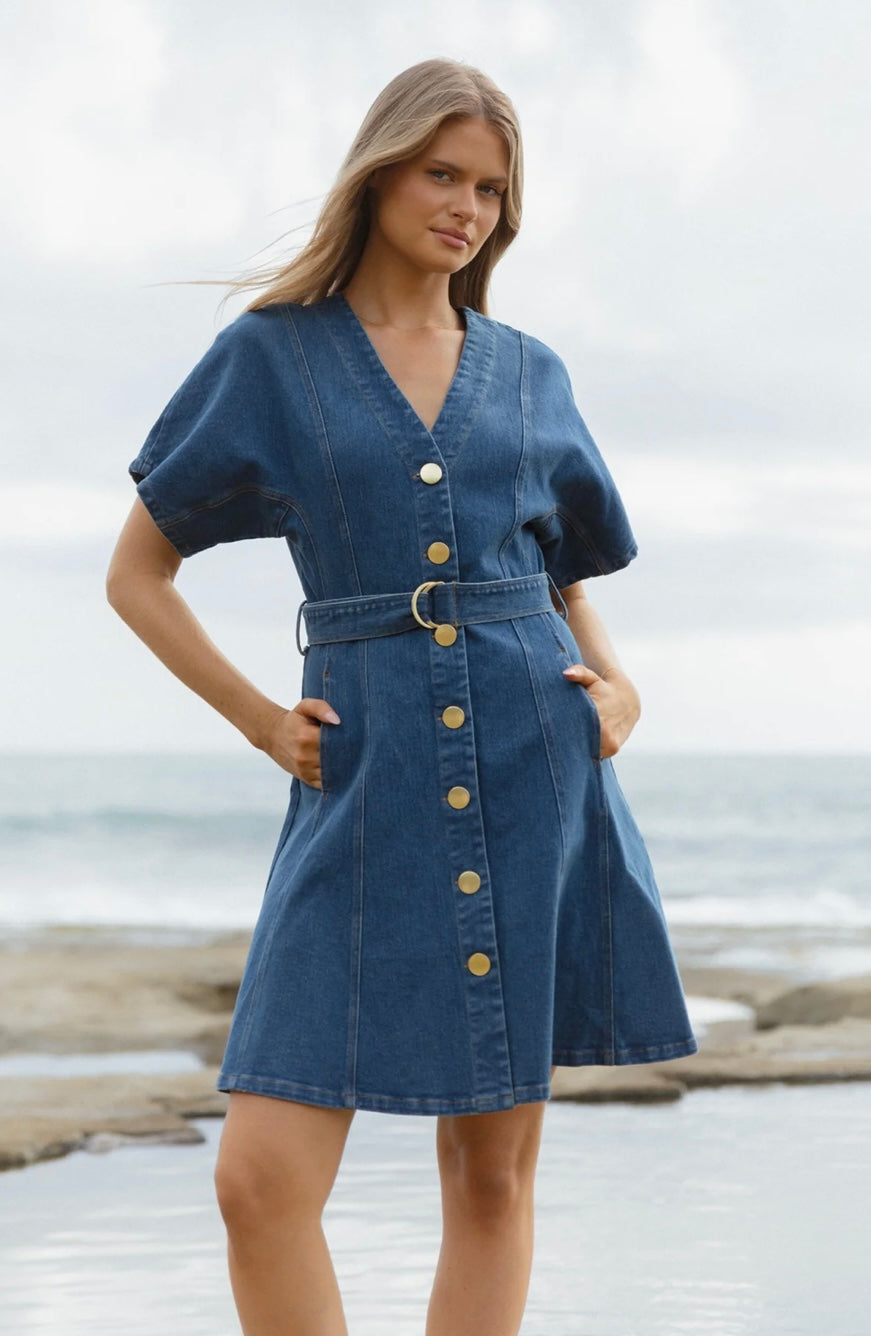 Fiori Denim Dress - Mid Wash