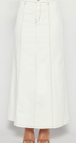 Maxi Denim Skirt with Panel Details-White