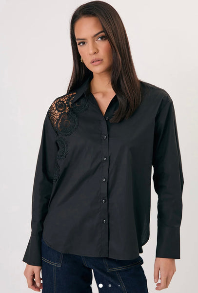 Flora Lace Panel Shirt-Black