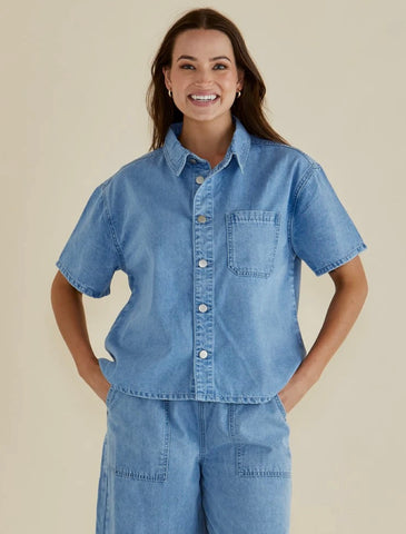 Saffra Short Sleeve Denim Shirt - Medium Wash