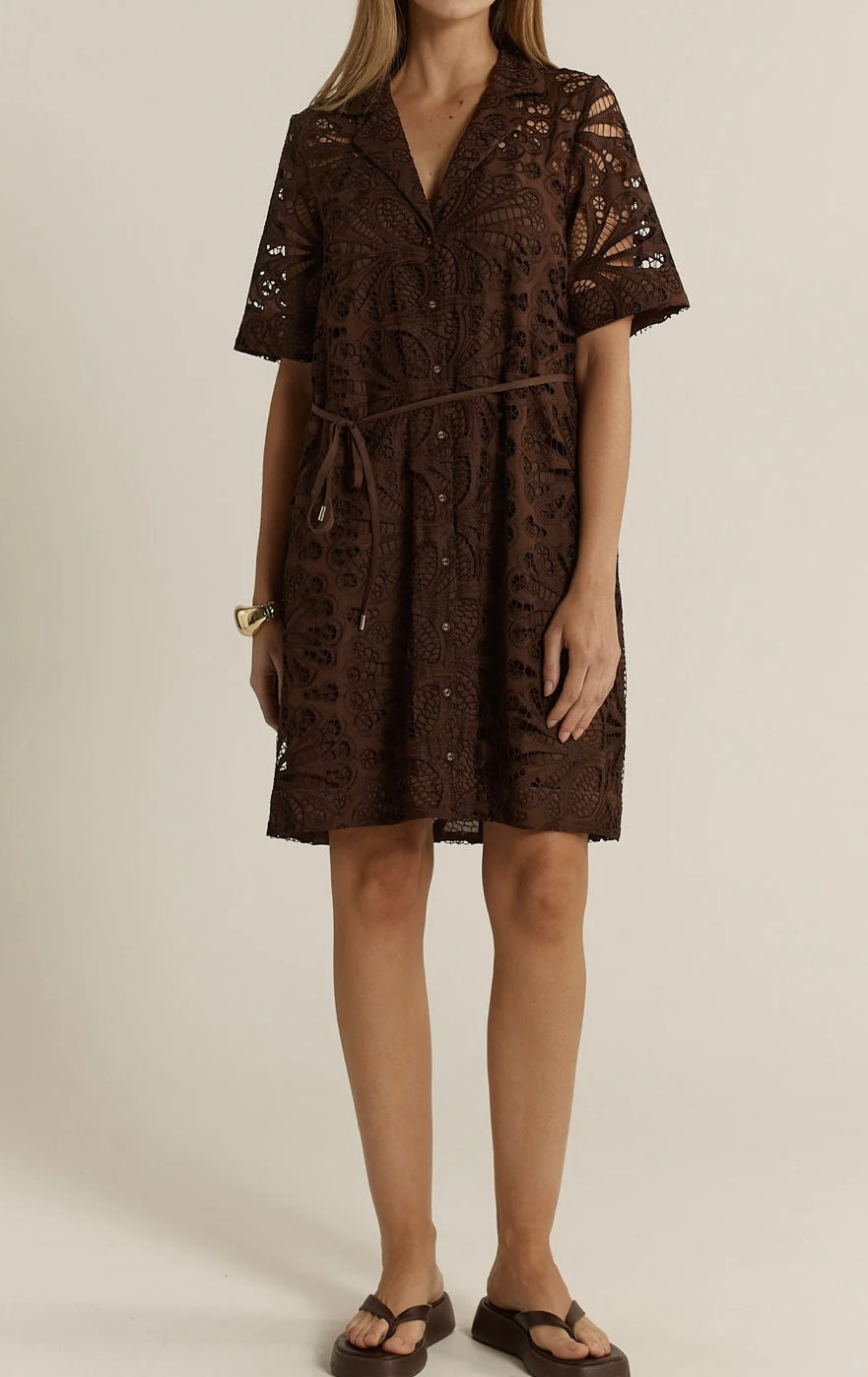 Elara Broderie Shirt Dress - chocolate