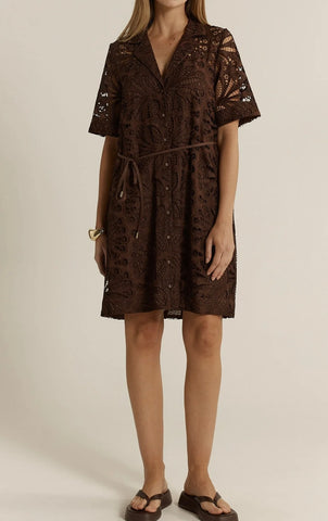Elara Broderie Shirt Dress - chocolate