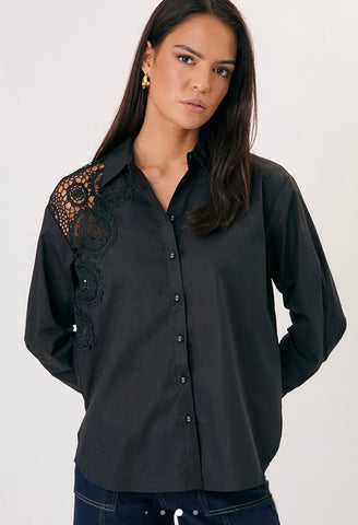 Flora Lace Panel Shirt-Black