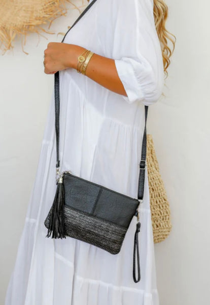 2 tone clutch with wristlet & long strap