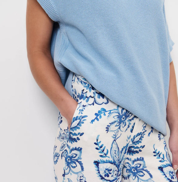 Terrie Angled Neckline Cotton Knit Top-Blue