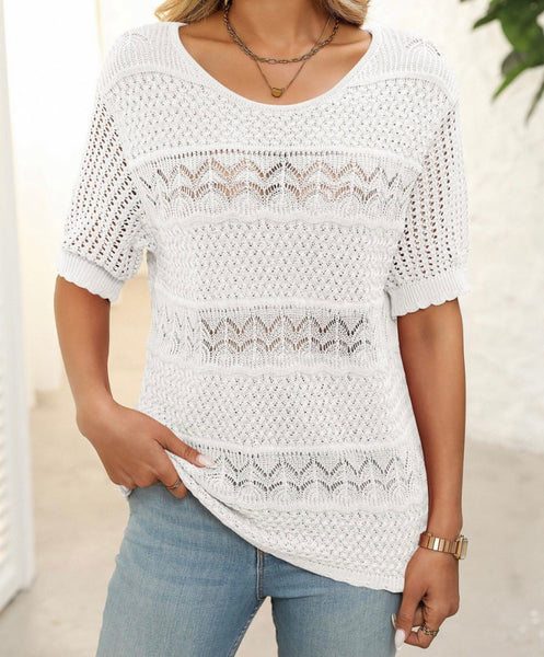 Textured Crochet Knit Top-White
