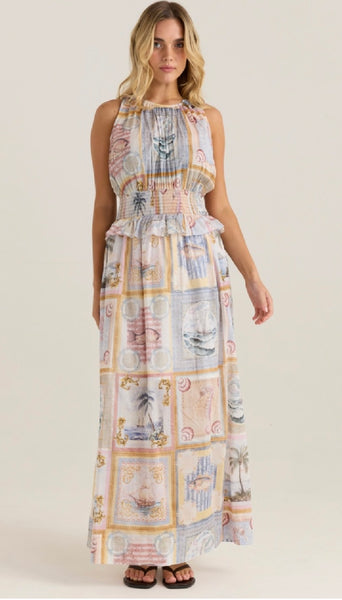Reo Peplum Maxi Dress-Wayfarer Print