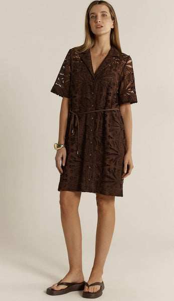 Elara Broderie Shirt Dress - chocolate