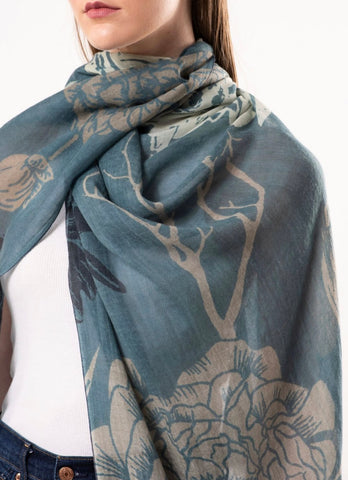 Dahlia Floral Print Pure Merino Wool Scarf