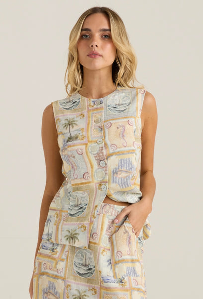 Reo Button Vest - Wayfarer Print