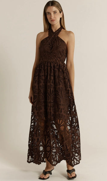 Elara Broderie Dress - Chocolate