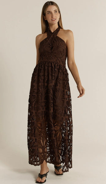 Elara Broderie Dress - Chocolate