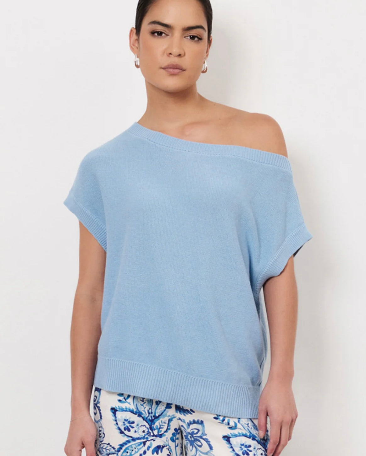 Terrie Angled Neckline Cotton Knit Top-Blue