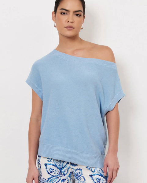 Terrie Angled Neckline Cotton Knit Top-Blue