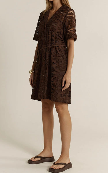 Elara Broderie Shirt Dress - chocolate