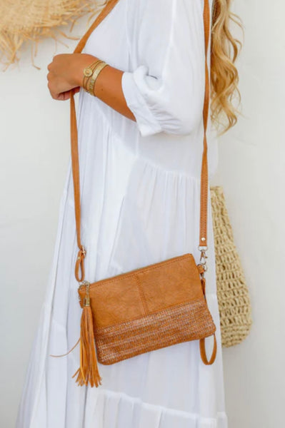 2 tone clutch with wristlet & long strap