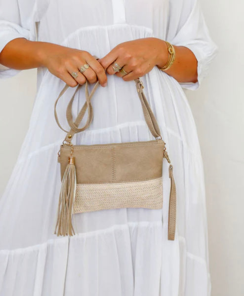 2 tone clutch with wristlet & long strap