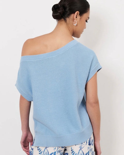 Terrie Angled Neckline Cotton Knit Top-Blue