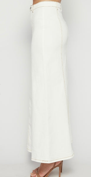 Maxi Denim Skirt with Panel Details-White