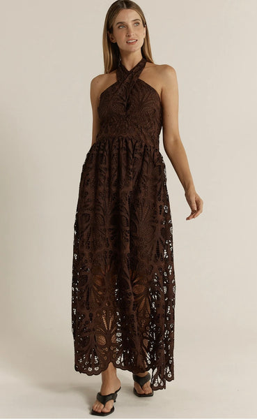 Elara Broderie Dress - Chocolate