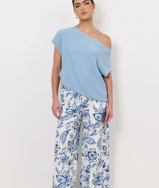 Terrie Angled Neckline Cotton Knit Top-Blue