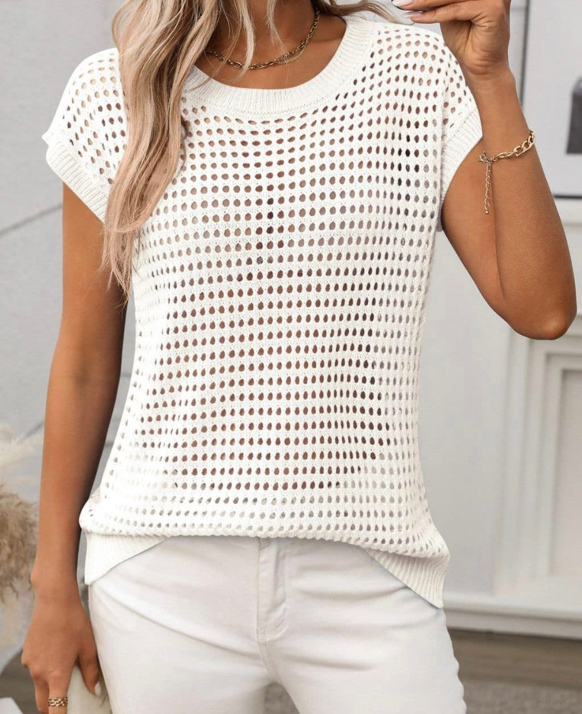 Textured Crochet Knit Top-Off White