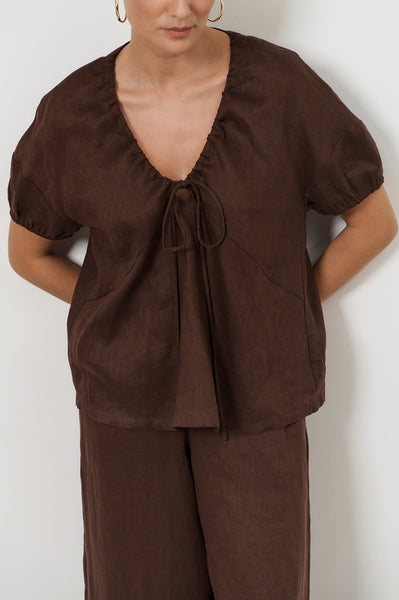 Maura Tie Detail Top-Chocolate
