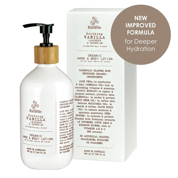 Vanilla, Lavender & Geranium
Hand & Body Lotion | 500ml
