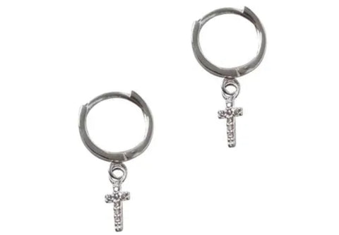 Cubic Cross Huggie Earrings in Sterling Silver