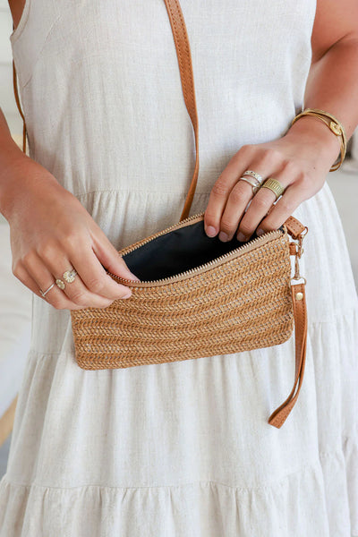 Woven Pouch Bag with Long Adjustable Strap & Wristlet