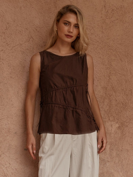 Elin Gathered Tie Top-Brown