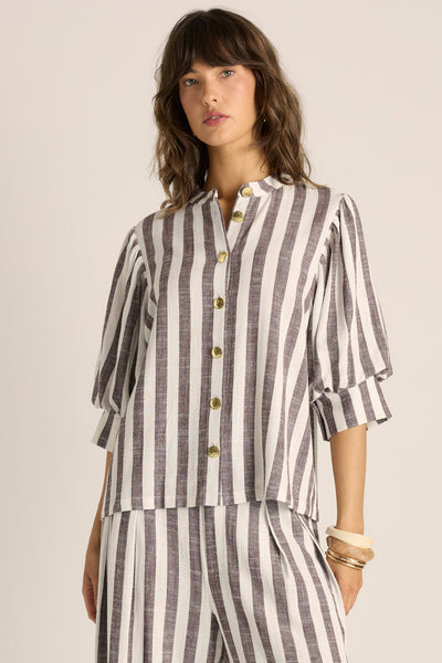 Saskia Balloon Shirt-Brown Stripe