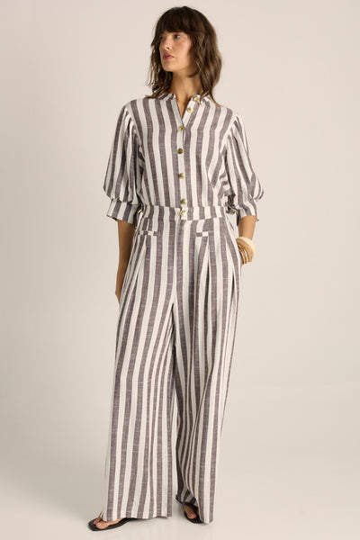 Saskia Balloon Shirt-Brown Stripe