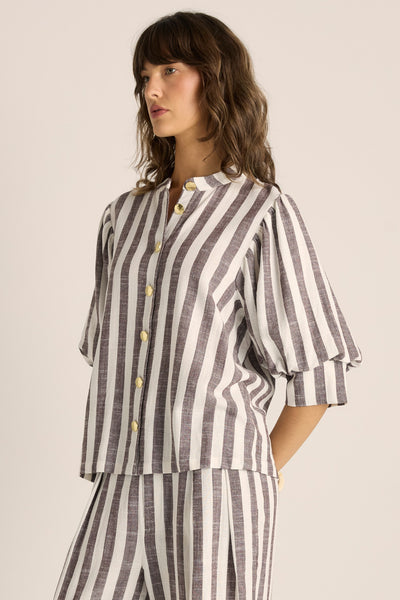 Saskia Balloon Shirt-Brown Stripe