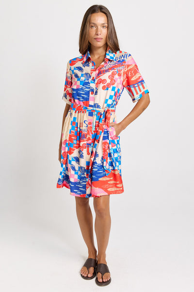 Palm Shirt Dress-Mediterranean Print