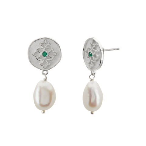 Wandering Soul Green Onyx & Pearl Earrings in Sterling Silver