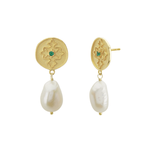 Wandering Soul Green Onyx & Pearl Earrings in 18KT Yellow Gold Plate