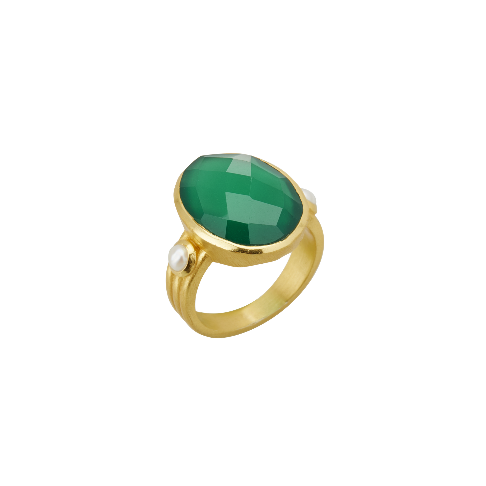 Wandering Soul Green Onyx & Pearl Ring in 18KT Yellow Gold Plate