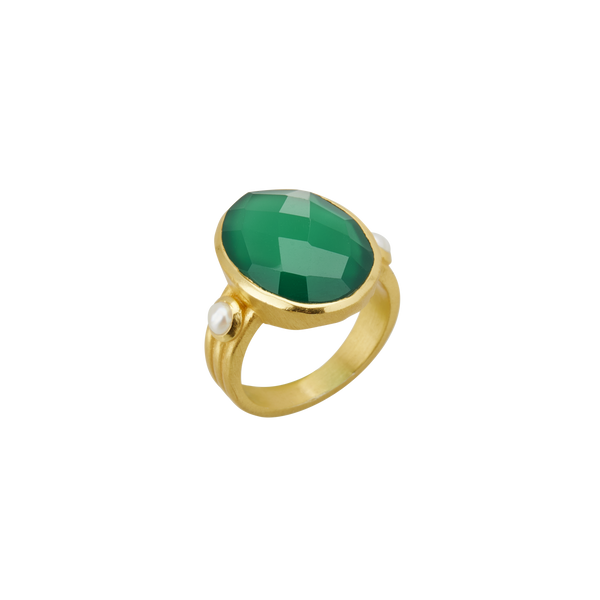 Wandering Soul Green Onyx & Pearl Ring in 18KT Yellow Gold Plate