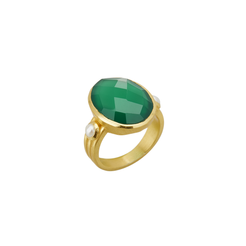 Wandering Soul Green Onyx & Pearl Ring in 18KT Yellow Gold Plate
