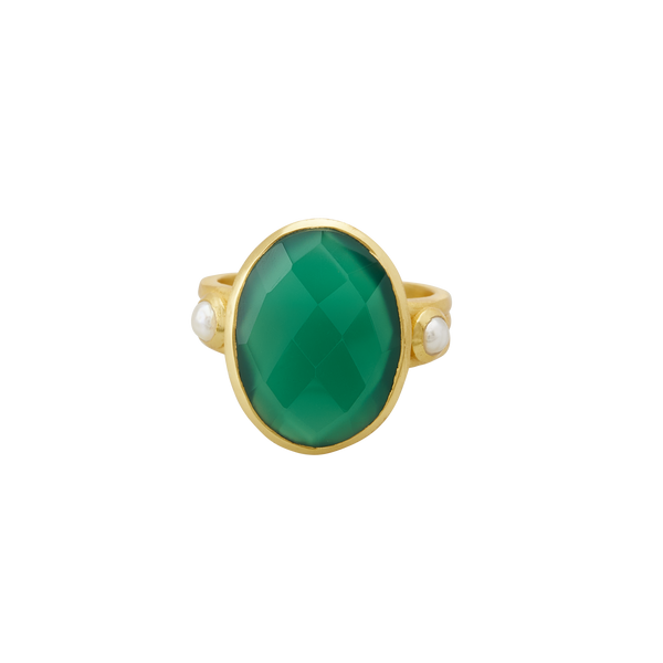 Wandering Soul Green Onyx & Pearl Ring in 18KT Yellow Gold Plate