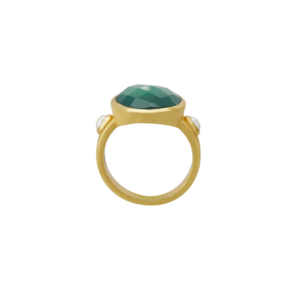Wandering Soul Green Onyx & Pearl Ring in 18KT Yellow Gold Plate