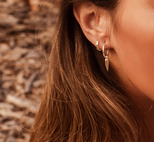 Petite Small Hoop Earrings with Dagger Pendant - Rose Gold